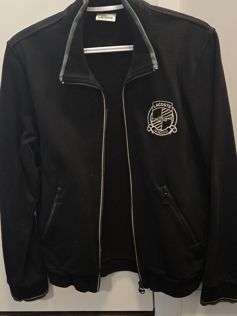 Lacoste Black Track-Style Bomber Jacket with Embroidered Crest